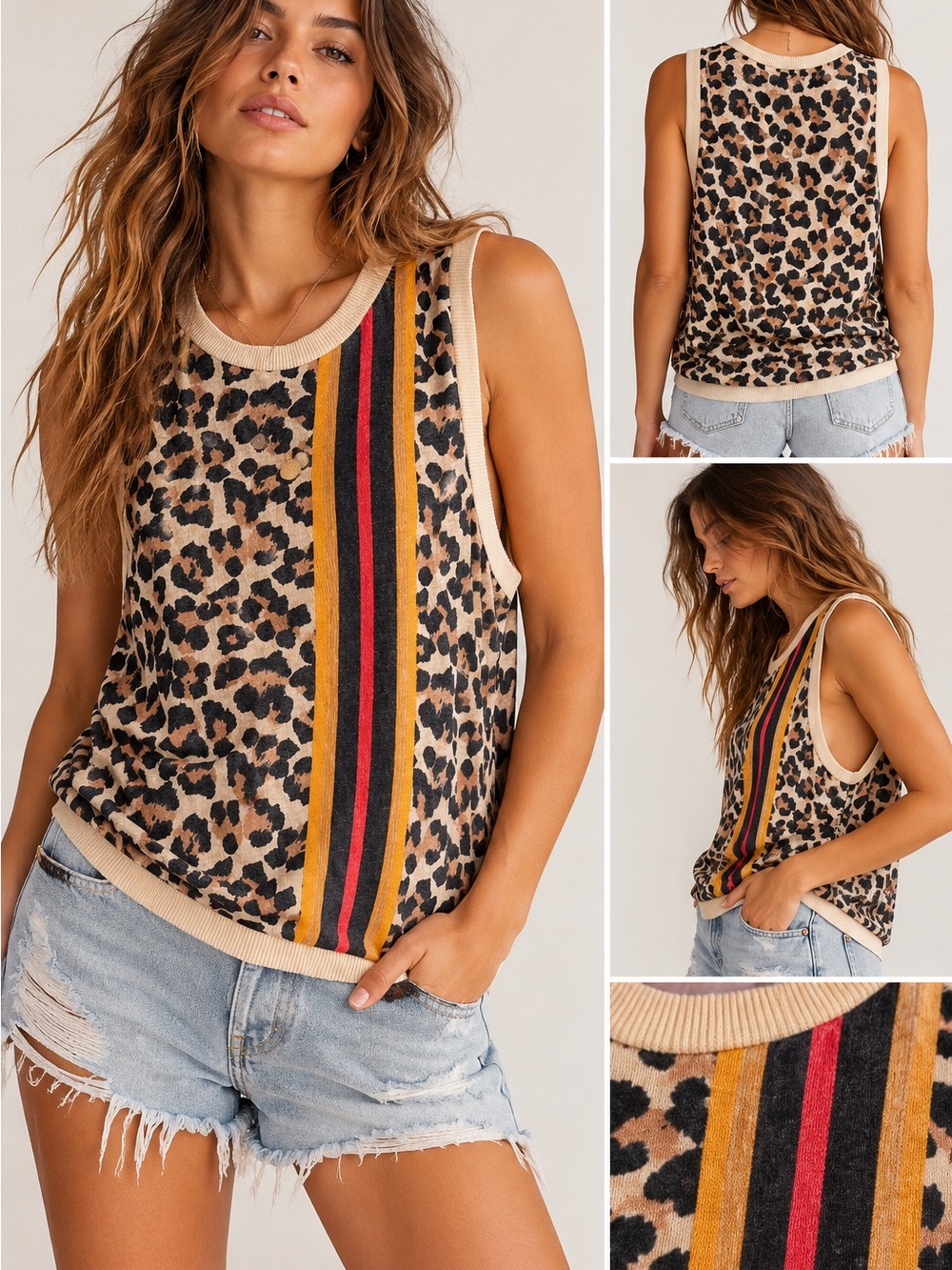 FP Movement Free People Leopard Print Striped Muscle Tank Top Size Medium